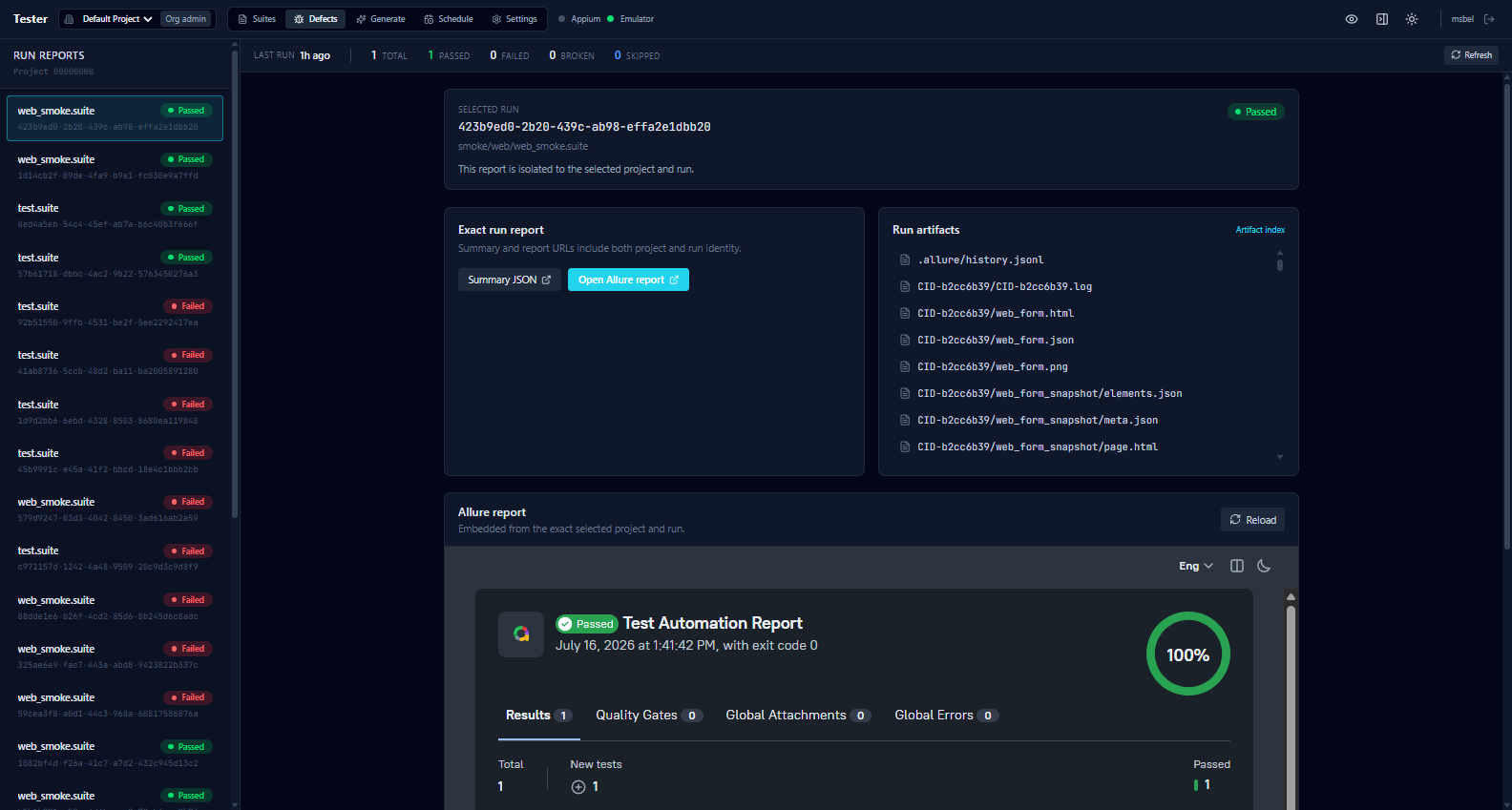 Tester dashboard: project-scoped run reports with embedded Allure results