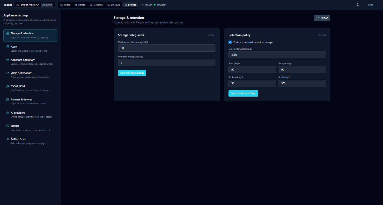 Appliance settings: storage, audit, users, SSO/SCIM, runners, AI providers, license