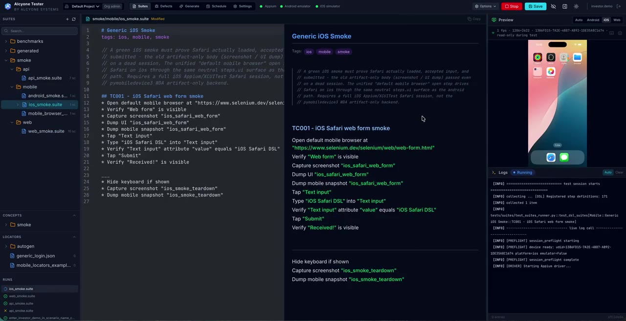 Tester dashboard with a readable test suite, run output and attached mobile device